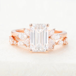 1.89 CT Emerald Cut Moissanite Cluster Bridal Ring Set