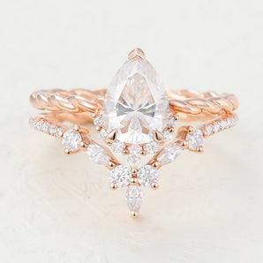 Felix-1.0 Carats Pear Moissanite Cluster Bridal Ring Set