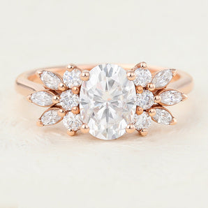 Allyson-1.33 Carats Oval Moissanite Cluster Engagement Ring